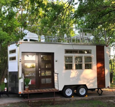 Hybrid tiny house trailer with rooftop patio